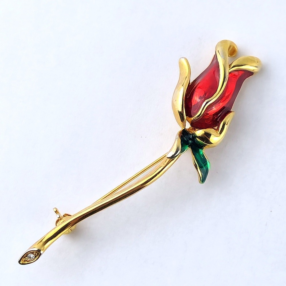 Vintage Rose Brooch Gold Tone Red‎ Enamel Long Stem Flower Pin Rhinestone Accent